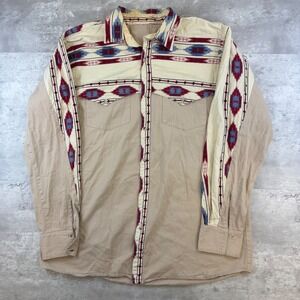 Vintage Western Southwestern Geometric Print Twill Button Down Shirt Tan XL